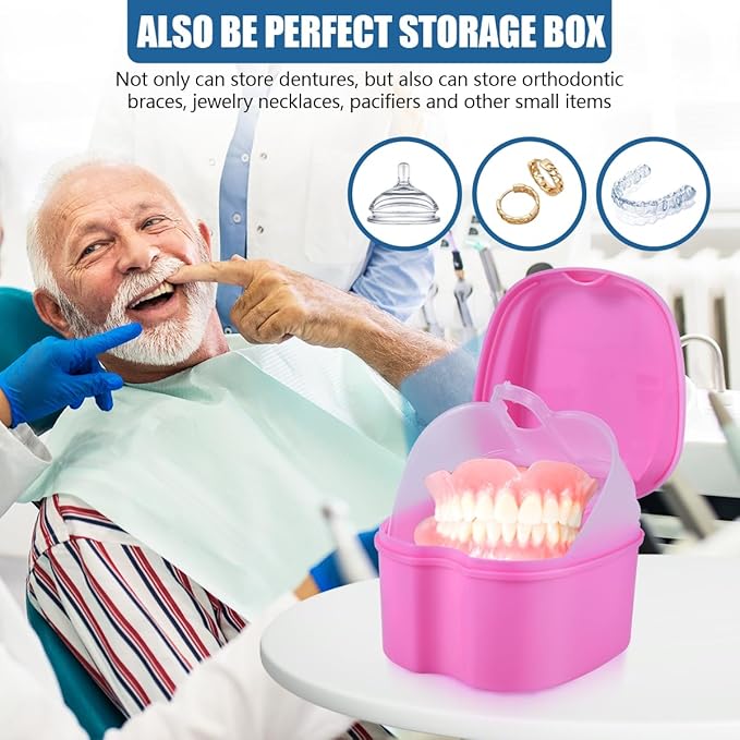 2 Pack Colors Denture Bath Case Cup Box Holder Storage Soak Container with Strainer Basket for Travel Cleaning (White and Pink)