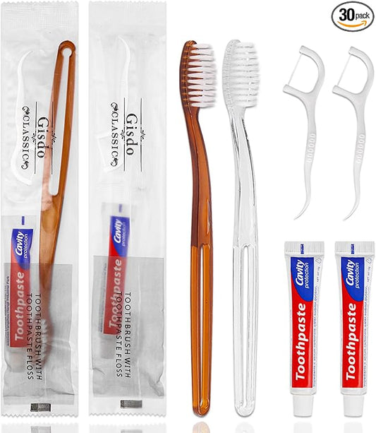 30pcs Disposable Toothbrushes with Toothpaste Floss Individually Wrapped, 2 Color Disposable Toothbrush Bulk, 10g Toothpaste, Dental Floss Pick for Homeless,Airbnb,Hotel,Guest