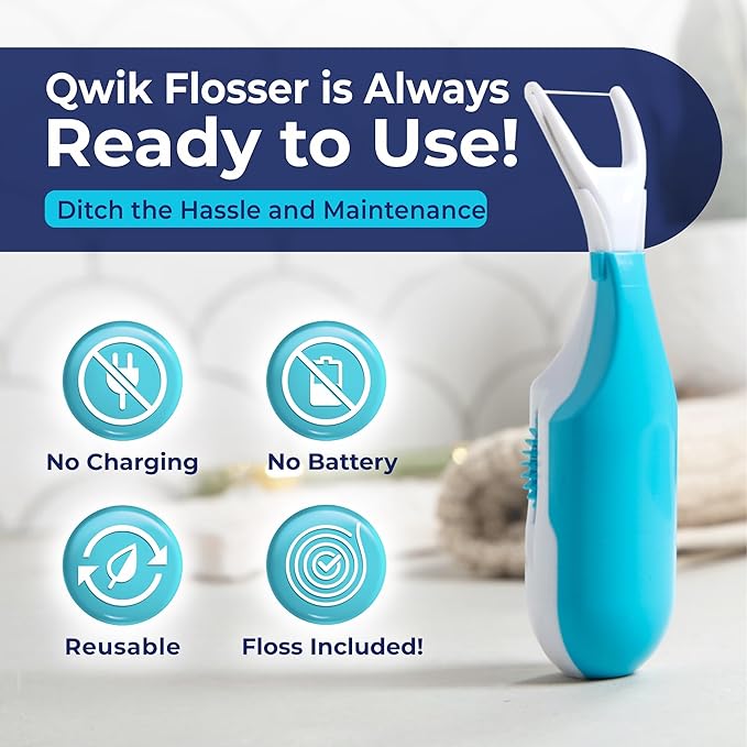 QWIK Automatic Dental Flosser | Click-to-Use, Reusable & Refillable | Pre-Loaded Floss with Travel Cover | Easy Flossing for Plaque Removal, Clean Teeth & Fresh Breath (Green)