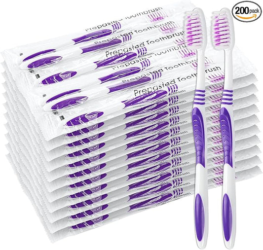 200 Prepasted Disposable Toothbrushes Individually Wrapped Pre Pasted Toothbrushes Soft Bristle Travel Tooth Brush Single Use Wrapped for Hotel, Camping, Travel and Gift for The Homeless (purple)