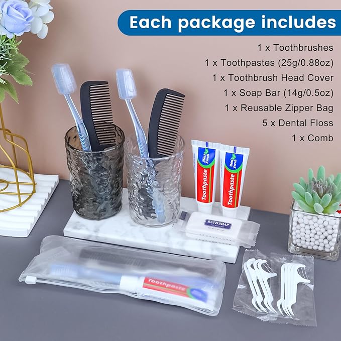 100 Sets Personal Hygiene Kit Basic Toiletry Kits Homeless Supplies Bulk for Women,Men,Travel,Charity,Business Include 100 Toothbrush,100 Toothpaste,100 Comb,100 Bath Soap,500 Floss Pick