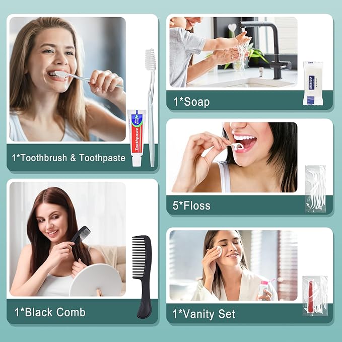 100 Sets Personal Hygiene Kit Bulk, Disposable Toothbrushes With Toothpaste, Floss, Comb, Soap Cover and Vanity Kit - Toiletry Supplies for Women, Men, Travel, Homeless