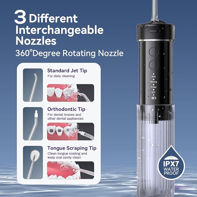 Portable Mini Water Dental Flosser for Teeth Cleaning Pick,Travel Oral Irrigator with Telescopic Water Tank,4 Modes and Waterproof Design - Perfect for Braces,Bridges,and Dental Care (Black)