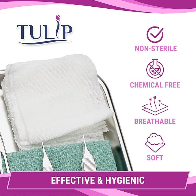 200 Gauze Pads 2x2-4-Ply Non Woven Gauze Sponges - Non Sterile Dental Gauze & Esthetic Wipes - Soft All Purpose Medical Gauze Squares for First Aid Kit, Surgical, Wound Dressing by Tulip
