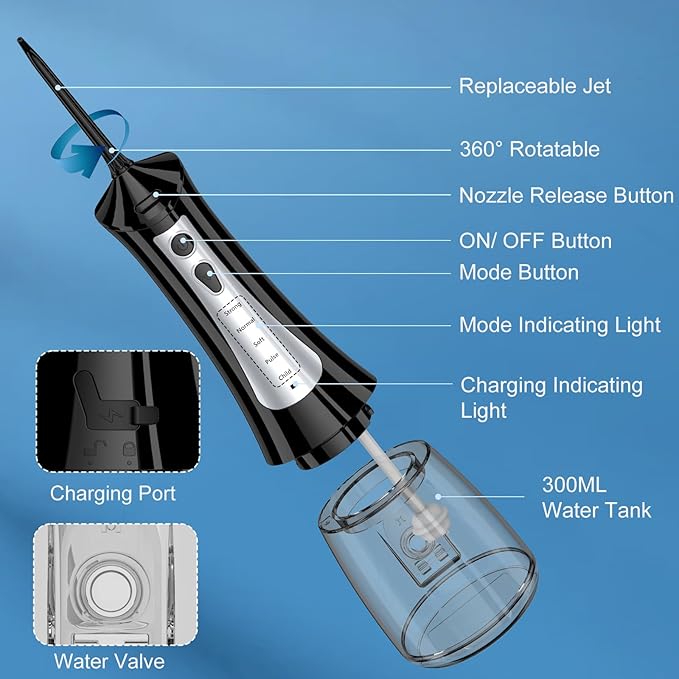 300mL Water Flosser Cordless - Rechargeable Travel Water Flossers for Teeth Cleaning with 5 Pressure Settings, 4 Tips, IPX7 Waterproof for Teeth Cleaning