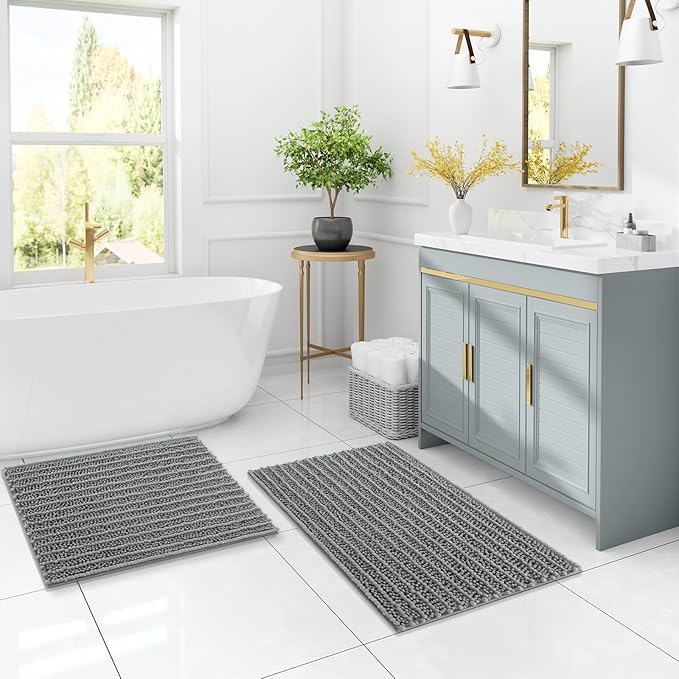 Arotive Luxury Chenille Bathroom Rug Mat, Extra Soft Thick Absorbent Shaggy Bath Rugs, Non-Slip Machine Wash Dry, Plush Bath Mats for Bathroom, Shower and Tub, 59x35, Grey