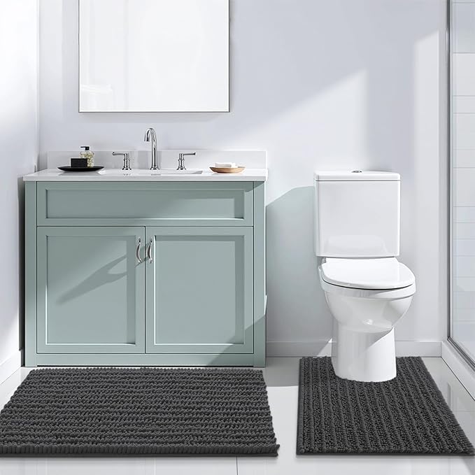 Arotive Luxury Chenille Bathroom Rug Mat, Extra Soft Thick Absorbent Shaggy Bath Rugs, Non-Slip Machine Wash Dry, Plush Bath Mats for Bathroom, Shower and Tub, 34x21, Dark Grey