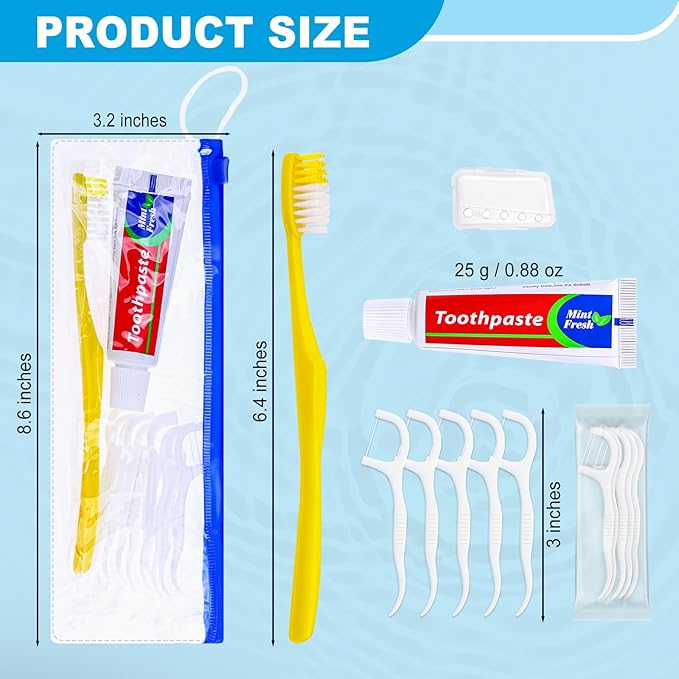 30 pcs Disposable Toothbrushes with Toothpaste and Floss Set,Yellow Individually Wrapped Bulk Single Use Toothbrush Floss Cover Travel Toothbrushes Kit with Zip Bag for Homeless,Hotel,Guest