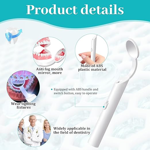 2 Pieces Dental Mirror with Light - LED Lighted Teeth Inspection Mirror, Anti Fog Curve Angle Mouth Mirrors Dentist Oral Assistant Care Tool Accessories (White)