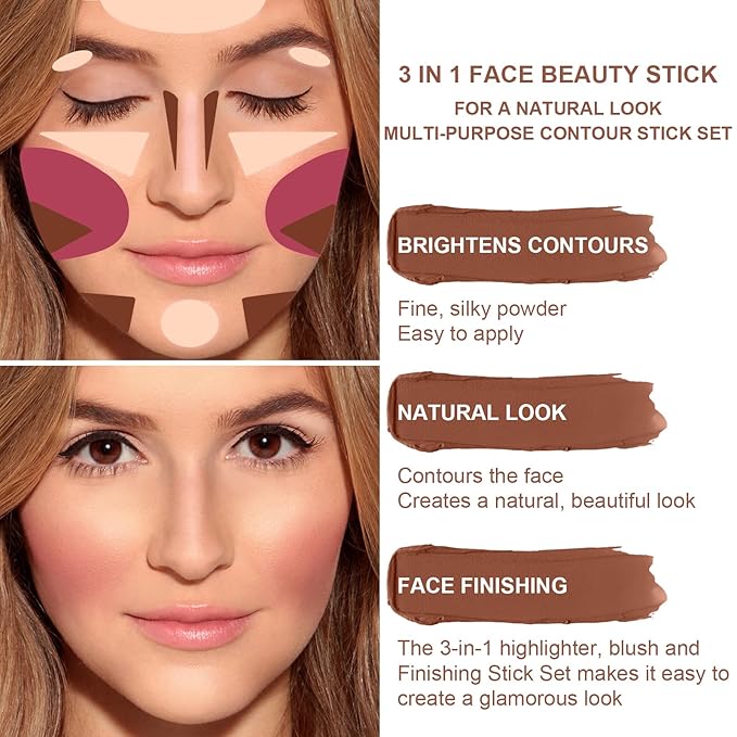 3-in-1 Cream Contour Stick Set - Blush, Bronzer & Highlighter - Long Lasting, Waterproof - Matte & Dewy Finish - Light Fair (8+10+12) for Women