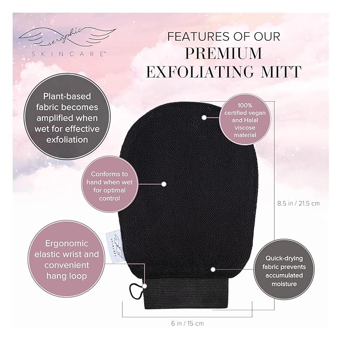 Seraphic Skincare (Original) Premium Exfoliating Mitt for Body (1pc) & Back Exfoliator – Body Exfoliator for Self-Tan Removal – Dual-Sided Back Scrubber for Deep Exfoliation & Cleansing