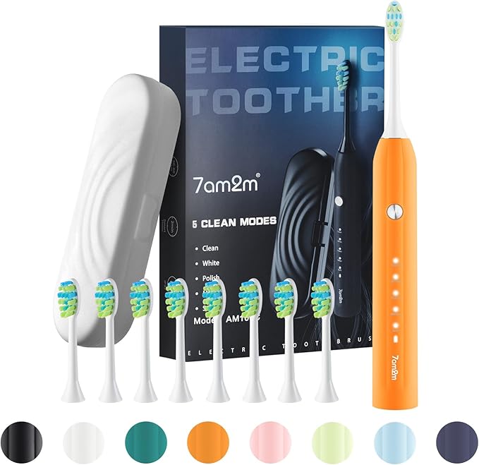 7AM2M Sonic Electric Toothbrush for Adults and Kids, with 8 Brush Heads and Travel Case,5 Modes with 2 Minutes Built in Smart Timer, One Charge Use for 90 Days, Rechargeable Toothbrushes (Orange)