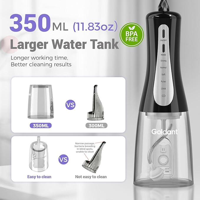 350ML Water Dental Flosser Teeth Pick with Stand Convenient Storage, 5 Modes Portable Cordless Oral Irrigator, Electric Rechargeable IPX7 Waterproof for Home Travel Teeth Cleaning(Black)