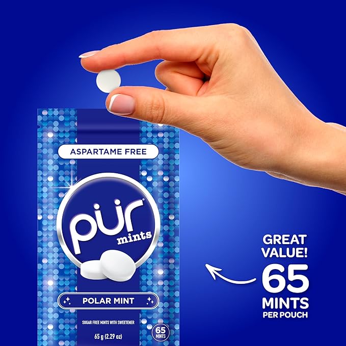 PUR Mints | Aspartame Free Breath Mints | Made with Xylitol | Sugar Free, Vegan, Gluten Free | Natural Polar Mint Flavor | 65 Pieces in Re-Sealable pouch (Pack of 3)