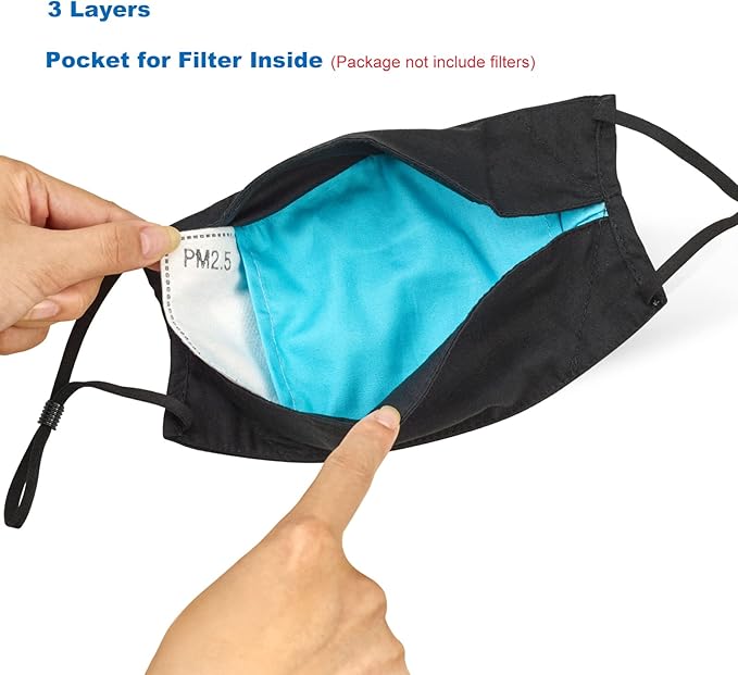 3-Ply Cloth Face Mask Reusable Washable, Organic Cotton Face Masks Nose Wire Filter Pocket Adjustable Ear Loops, Pack of 3 No Fog/Dust for Unisex Adult (1 Blue+1 Burgundy+1 Gray)