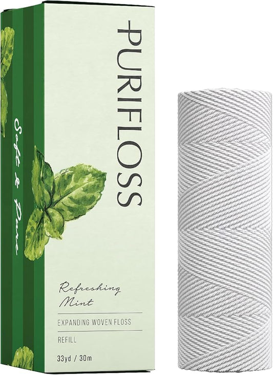 Premium Expanding Woven Dental Floss - PTFE & PFAS Free - Refereshing Mint Refill - Dentist Recommended - Kid Friendly - Vegan & Cruelty Free - 33yd