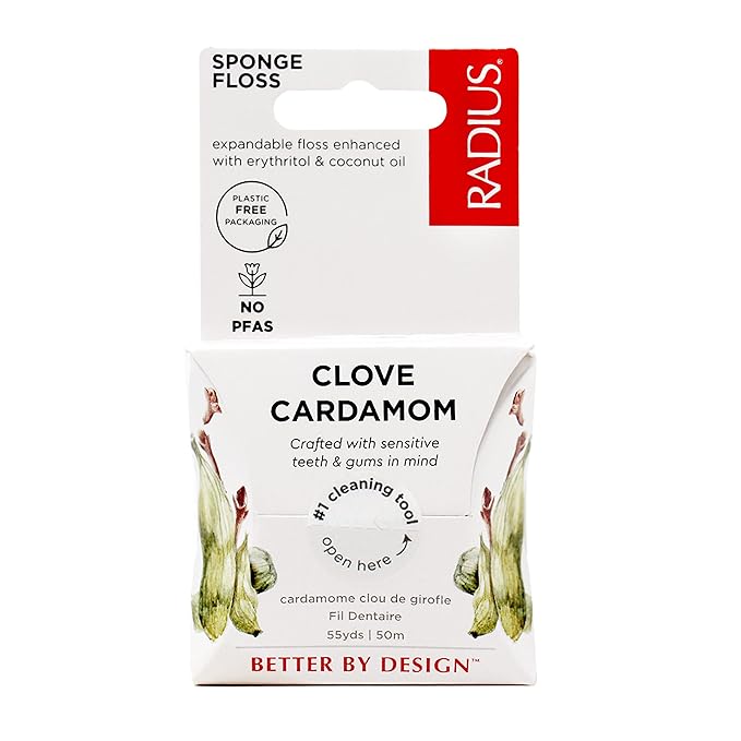 RADIUS Dental Floss, Sponge Floss, Clove Cardamom, 55 Yards, Vegan & Non-Toxic Oral Care Designed to Help Fight Plaque, Pack of 6