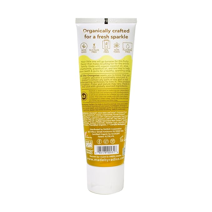 Radius USDA Kids Organic Toothpaste, Coconut Banana, 3 Oz (Pack of 1)