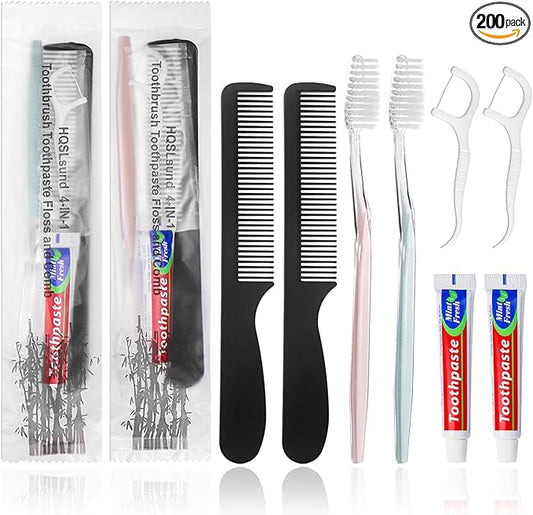 200pcs Disposable Toothbrushes with Toothpaste and Comb Floss Individually Wrapped, 4-in-1 Bulk Toothbrush Kit with 2 Color Toothbrush,10g Toothpaste,7 inch Comb, Floss Pick
