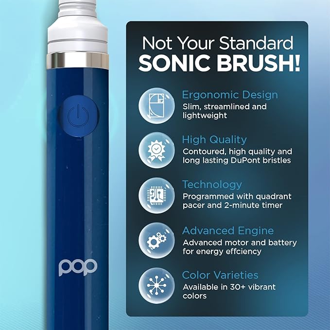 Pop Sonic Electric Toothbrush (Navy Blue) - Travel Toothbrushes w/AAA Battery | Kids Electric Toothbrushes with 2 Speed & 15,000-30,000 Strokes/Minute, Dupont Nylon Bristles