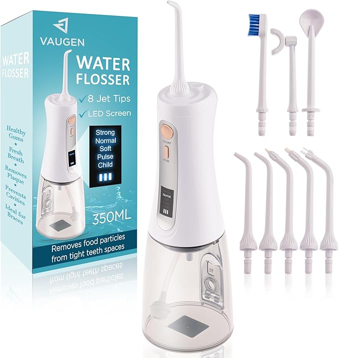 Portable Water Flosser – Cordless Oral Irrigator for Teeth Cleaning | 8 Jet Tips and 5 Modes | Travel and Home Use | Rechargeable and IPX7 Waterproof – White