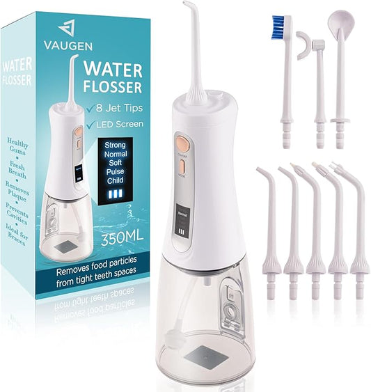 Portable Water Flosser – Cordless Oral Irrigator for Teeth Cleaning | 8 Jet Tips and 5 Modes | Travel and Home Use | Rechargeable and IPX7 Waterproof – White