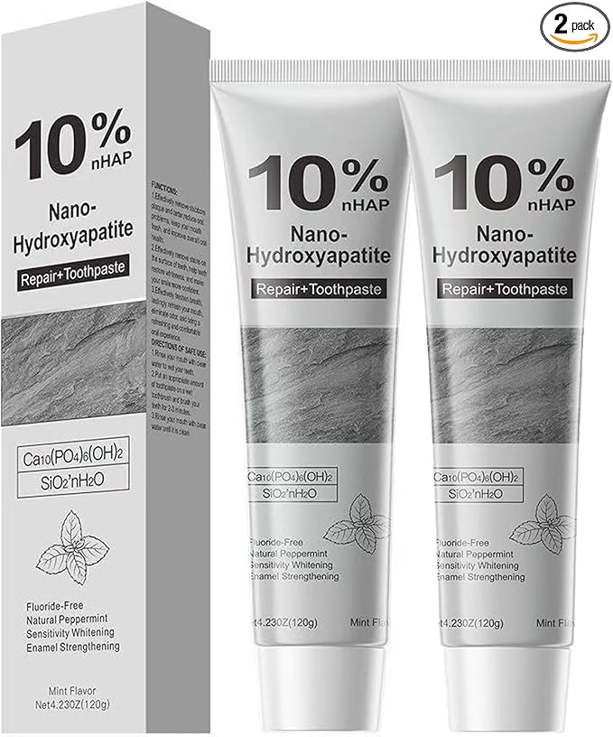 10% Hydroxyapatite Toothpaste for Advanced Enamel Repair & Sensitivity Relief, Fluoride-Free, Fresh Mint, Gentle Daily Toothpaste for Whitening & Fresh Breath (2-Pack)