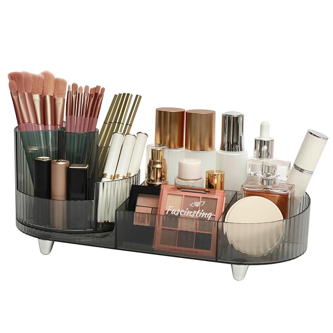 360° Rotating Makeup Organizer for Vanity - Large Capacity Cosmetic Display Case Countertop Cosmetic Storage Holder with Makeup Brush Holders （Gray）
