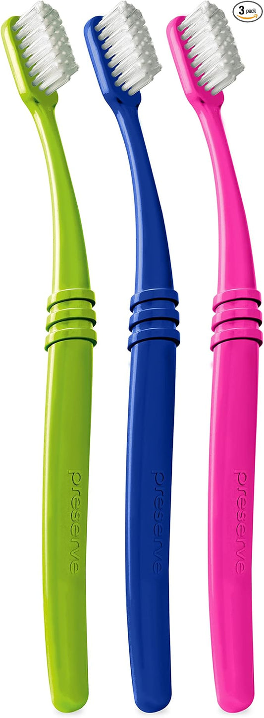 Preserve Eco Friendly Adult Toothbrushes, Made in The USA from Recycled Plastic, Lightweight Paper Packaging, Ultra Soft Bristles, Colors Vary, 3 Count
