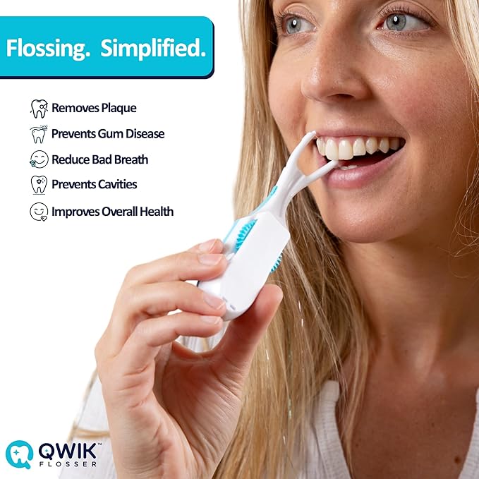 QWIK Automatic Dental Flosser | Click-to-Use, Reusable & Refillable | Pre-Loaded Floss with Travel Cover | Easy Flossing for Plaque Removal, Clean Teeth & Fresh Breath (Pink)