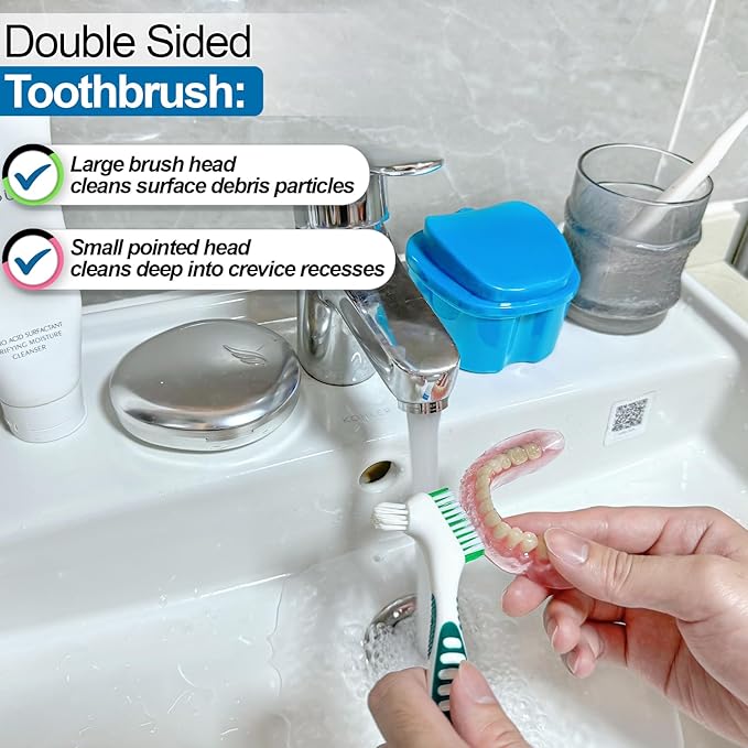 2 Pack Denture Cup Denture Bath Holder Case with Strainer Basket, Dental Retainer Cleaner Case False Teeth Container Denture Bath Soaking Cup with 2 Brushes - Purple and Blue