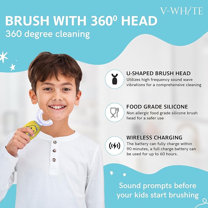 V-WHITE Ultrasonic U-Shaped Toothbrush For Teeth Whitening, Electric Toothbrush - 360° Mouth Cleansing, Hands Free Gums Protection - Wireless Charging - Waterproof IPX7 Certified (YELLOW - KIDS, KIDS)