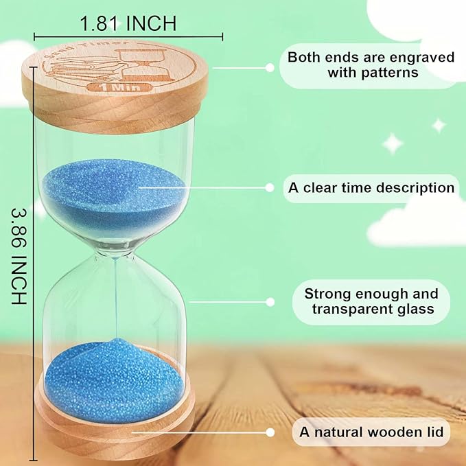 2 Minute Sand Timer, Wooden Hourglass Sand Clock, Small Wood Blue 2 Min Hour Glass, Two Minutes Sandglass for Brushing Teeth, Reloj De Arena, Classroom, Game, Kitchen, Home, Office