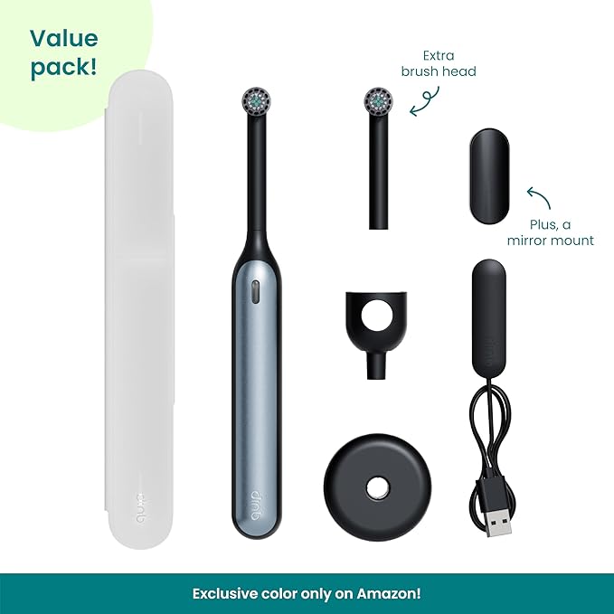 Quip Rev 360 Oscillating Rechargeable Electric Toothbrush with Replaceable Brush Head - Soft Bristles, Pressure Sensor, 3 Intensities, 30-Day Battery Life, Travel Case - Blue Stone