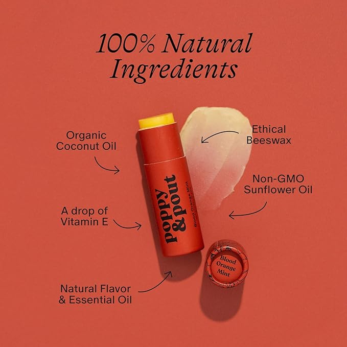 Poppy & Pout Lip Care Set | Lip Balm & Scrub | Sustainable Cardboard Tubes & Glass Jars, All Natural, Beeswax, Coconut Oil, Cruelty Free, Exfoliating & Moisturizing Lip Treatment (Blood Orange Mint)