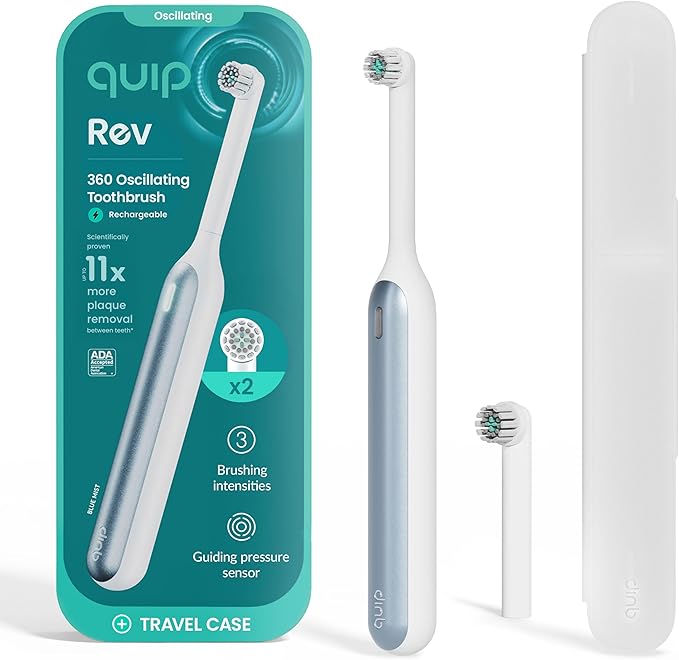 Quip Rev 360 Oscillating Rechargeable Electric Toothbrush with Replaceable Brush Head - Soft Bristles, Pressure Sensor, 3 Intensities, 30-Day Battery Life, Travel Case - Blue Mist