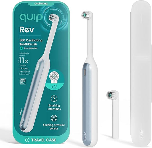 Quip Rev 360 Oscillating Rechargeable Electric Toothbrush with Replaceable Brush Head - Soft Bristles, Pressure Sensor, 3 Intensities, 30-Day Battery Life, Travel Case - Blue Mist