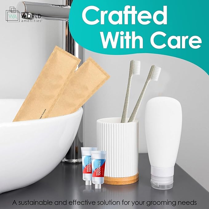 World Amenities Kraft Paper Dental Kit - Wheat Straw Toothbrush and Toothpaste Dental Care Kit (50)