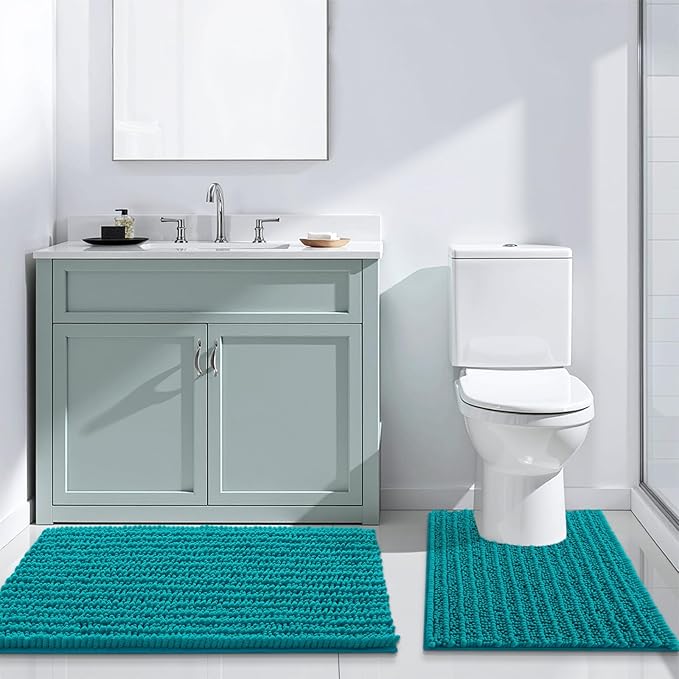 Arotive Luxury Chenille Bathroom Rug Mat, Extra Soft Thick Absorbent Shaggy Bath Rugs, Non-Slip Machine Wash Dry, Plush Bath Mats for Bathroom, Shower and Tub, 47x24, Lake Blue