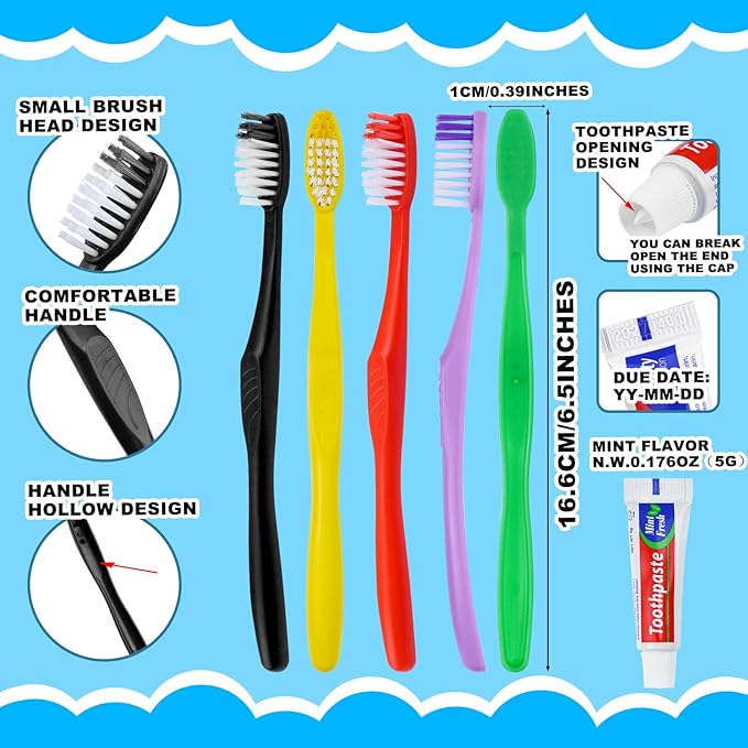 50pcs Disposable Toothbrushes with Toothpaste,Single Use Toothbrush with Toothpaste Individually Wrapped Disposable Travel Toothbrushes Kit Bulk for Homeless,Hotel,Guests(5 Colors)