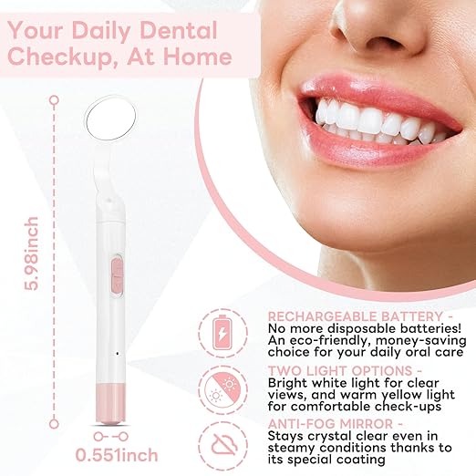Rechargeable LED Dental Mirror with USB Charging Function, Anti-Fog Mirror Surface, White & Yellow Dual Lighting, Detachable Design for Easy Cleaning(Pink)