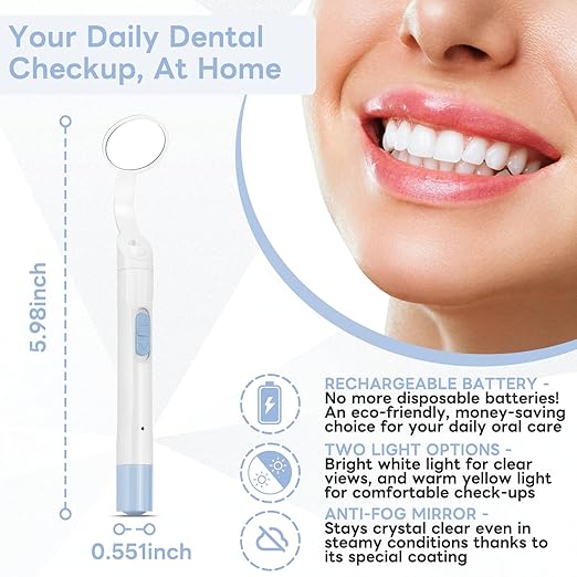Rechargeable LED Dental Mirror with USB Charging Function, Anti-Fog Mirror Surface, White & Yellow Dual Lighting, Detachable Design for Easy Cleaning(Blue)