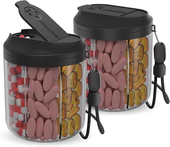 Pill Dispenser with 7 Large Compartments, Pill Bottle Organizer for Travel, Supplement Organizer with Anti-Mixing Design, Pill Container with 20 Pcs Labels, Black 2Pcs