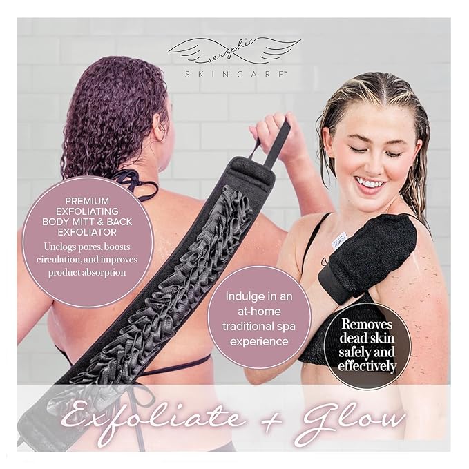 Seraphic Skincare (Original) Premium Exfoliating Mitt for Body (1pc) & Back Exfoliator – Body Exfoliator for Self-Tan Removal – Dual-Sided Back Scrubber for Deep Exfoliation & Cleansing