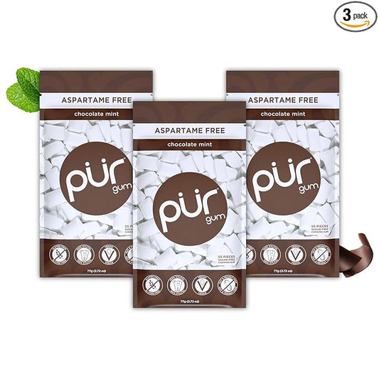 PUR Gum | Aspartame Free Chewing Gum | 100% Xylitol | Natural Chocolate Mint Flavored Gum, 55 Pieces (Pack of 3)