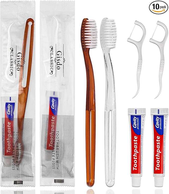 10pcs Disposable Toothbrushes with Toothpaste Floss Individually Wrapped, 2 Color Disposable Toothbrush Bulk, 10g Toothpaste, Dental Floss Pick for Homeless,Airbnb,Hotel,Guest