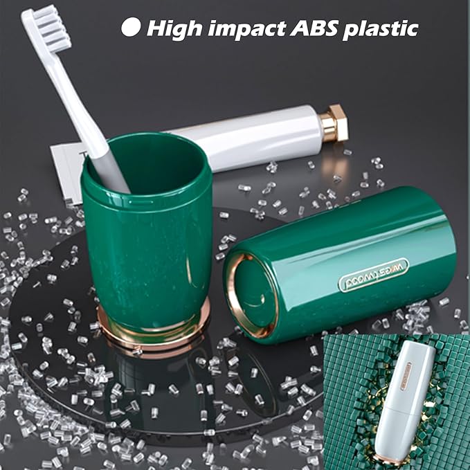Luxury Green Toothbrush Travel Case, Portable Travel Toothbrush & Toothpaste Holder Cover Organizer Container with Mouthwash Cup for School, Camping, Business Trip, Bathroom Storage