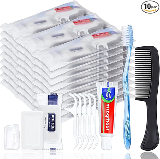 10 Sets Personal Hygiene Kit Bulk, Disposable Toothbrushes with Toothpaste Floss Comb Soap and Cover, Toiletry Kits Homeless Supplies Bulk for Women,Men,Travel,Homeless