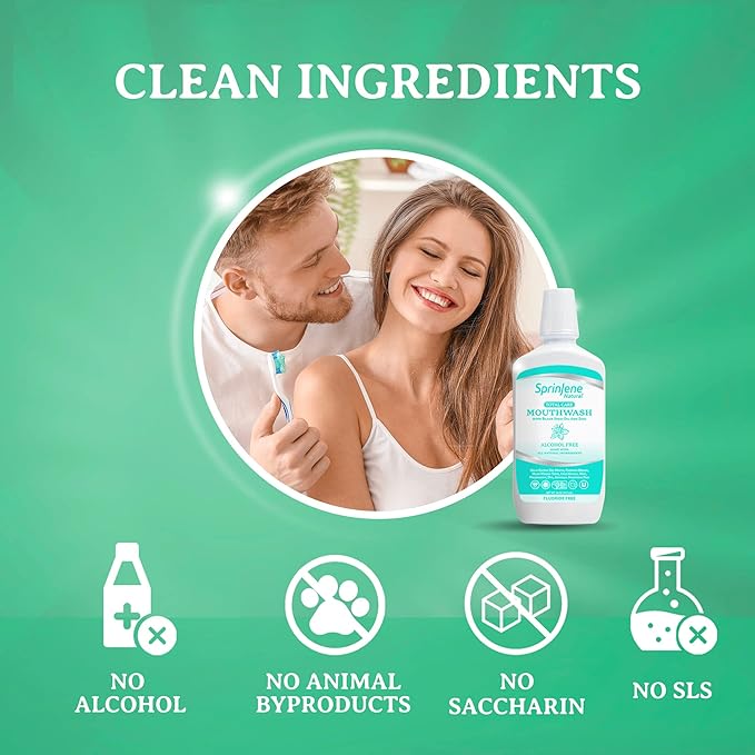 SprinJene Natural Sensitivity & Gum, Fluoride Toothpaste for Sensitive Teeth (1 Pack) + Fluoride Free & Alcohol Free Mouthwash