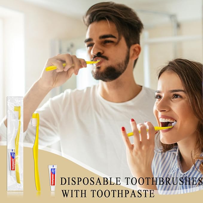 Disposable Toothbrushes with Toothpaste,500 Pack Yellow Hollow Individually Wrapped Disposable Travel Toothbrushes Kit in Bulk for Homeless,Nursing Home,Hotel,Charity
